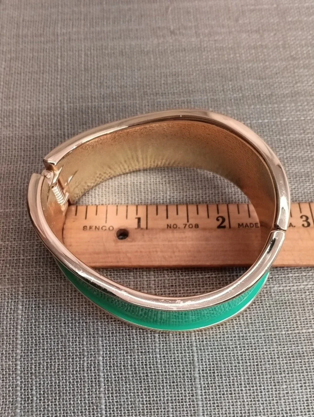 Asymmetrical Green Enamel Gold-Tone Wide Hinged Bangle Bracelet